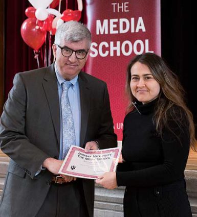 Dean James Shanahan and Antonina Semivolos, a graduate student who won a Frances Wilhoit research paper award. (Ann Schertz | The Media School)