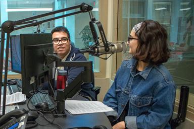 Reporter Enrique Saenz, and coordinator Alexa Chryssovergis rehearse for the Indiana Environmental Reporter’s podcast On Air with IER.