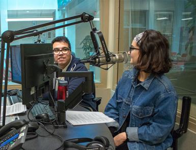 Reporter Enrique Saenz, and coordinator Alexa Chryssovergis rehearse for the Indiana Environmental Reporter’s podcast On Air with IER.