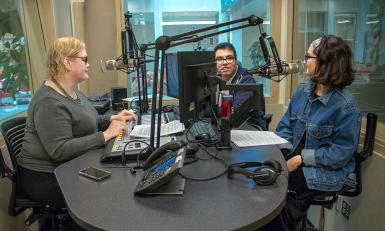 Reporters Beth Edwards and Enrique Saenz, and coordinator Alexa Chryssovergis rehearse for the Indiana Environmental Reporter's podcast On Air with IER.