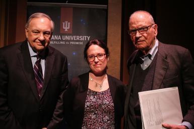 (Left to right) Edward Carmines, Warner O. Chapman and distinguished professor of political science; Maggie Haberman, New York Times White House correspondent; and former U.S. Rep. Lee Hamilton, a distinguished scholar in the Hamilton Lugar School of Global and International Studies, pose after the talk.