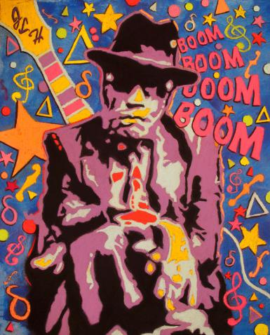 A colorful painting of Delta blues singer John Lee Hooker with the words "Boom Boom Boom Boom" written in pink next to him.