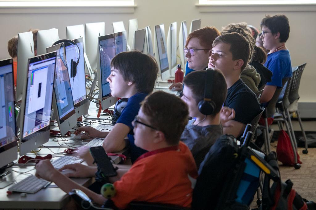 Students sit at a row of computers.