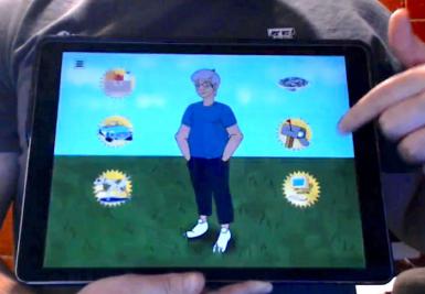 A prototype of the VINI app. It shows an illustration of a woman with six buttons surrounding her.