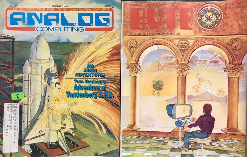 Two magazines. One says: "Analog Computing. No. 27. February 1984. $3.00. The #1 magazine for Atari Computer Owners. An Atari Adventure! Tom Hudson's Adventure at Vandenberg A.F.B." The other says "BYTE: The small systems journal."