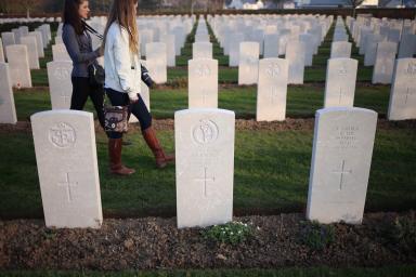 Kasey Chronis and Molly Jirasek walking through the British D-Day cemetery.