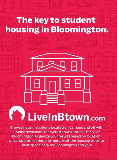 An advertisement featuring illustrations of houses. Text: The key to student housing in Bloomington. LiveInBtown.com. Browse housing options located on campus and off with LiveInBtown.com, the website with options for all of Bloomington. Organize your results based on location, price, size, amenities and more. Visit the housing website built specifically for Bloomington and you!