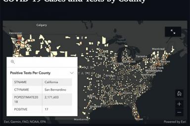 COVID-19 Cases and Test by County. A map of COVID cases in the U.S. Most concentrated activity is in the Western half, of the U.S., specifically along the coast. Date Updated: March 23 at 4:00 p.m. eastern. A box shows the positive tests per county. STNAME: California. CTYNAME: San Bernandino. POPESTIMATE2018: 2,171,603. POSITIVE: 17.