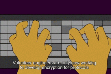 An animated GIF shows hands typing on a keyboard. Closed captions say: Volunteer engineers are now working to develop encryption for protocols that communicate the web addresses that people visit. Illustration of a computer screen. Closed captions say: Until those encryption protocols are ready, surveillance and traffic-blocking can inhibit journalists like Maria from doing their jobs. A woman holds a microphone and it disappears. A notebook appears and then disappears. Closed captions say: in providing the public with an independent picture of current events.