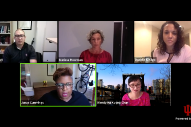 A Zoom screenshot with five panelists: Ryan Comfort, Marissa Moorman, Danielle Kilgo, Janae Cummings and Wendy Chun.