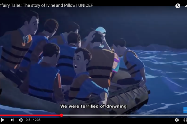 A screenshot from the video 'Unfairy Tales: The Story of Ivine and Pillow, UNICEF.' It shows an illustration of men in a crowded lifeboat. The subtitles say: 'We were terrified of drowning.'