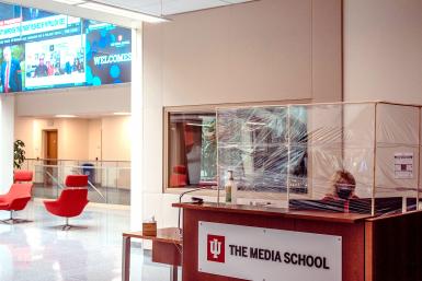 The Media School's front desk, wrapped in plastic