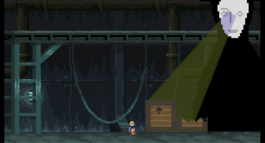 A video game still. A giant is looming over a person in a warehouse.