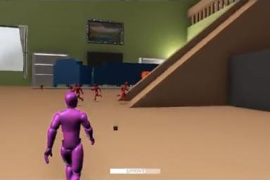 Screenshot from Hamster Blitz. A character is shooting an object at other characters from inside a living room.