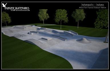 A rendering of a skatepark with gray concrete and grass.