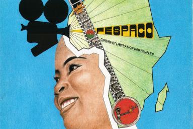 An image on the cover of the journal Black Camera. It's an illustration of a woman wearing a head scarf in the shape of Africa. The scarf has an icon of a camera at the front and the word 