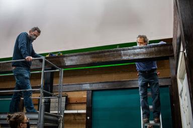 Craig Erpelding and Steve Krahnke raising a beam for the new soundstage.