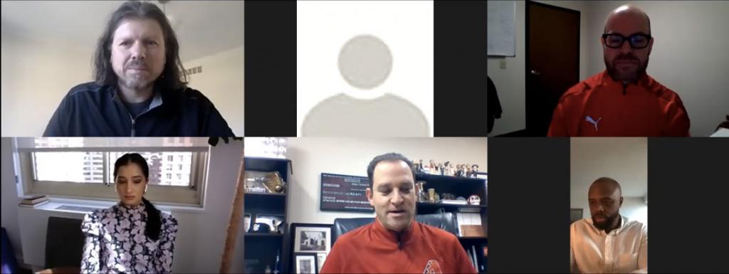 Galen Clavio, John Koluder, Priya Desai, Josh Rawitch and DeAntae Prince on a Zoom call