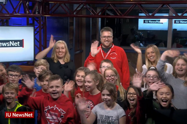 A class from Stalker Elementary School on the set of IU News Net