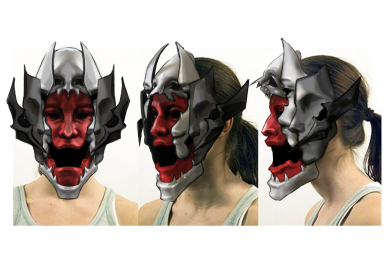 Three mockups of a monster mask on a woman's face