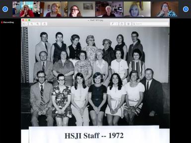 A black-and-white group photo labeled "HSJI Staff -- 1972" is displayed on a Zoom call.