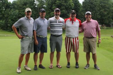 Greg Bardonner, Brad Watts, JR Ross, Tom Biersdorfer and John Schwarb pose on a golf course.