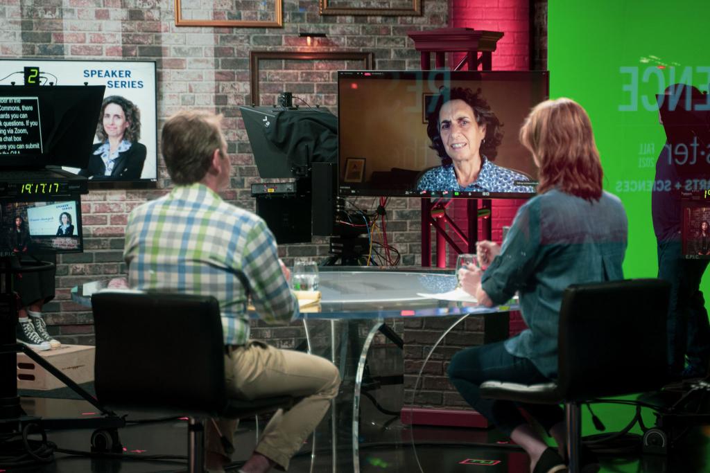 Media School assistant professor Suzannah Evans Comfort and Gabriel Filipelli, executive director of the Environmental Resilience Institute and chancellor’s professor of earth sciences at IUPUI, moderate a virtual conversation with Pulitzer Prize-winning journalist Elizabeth Kolbert from the Beckley Studio.