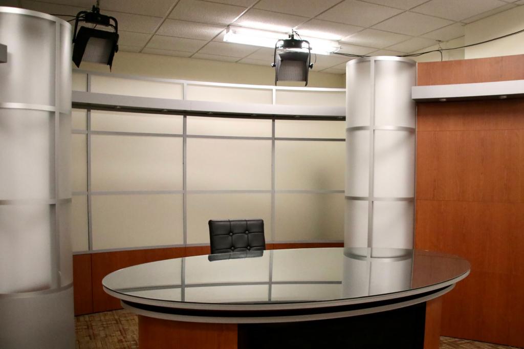 A broadcast news studio