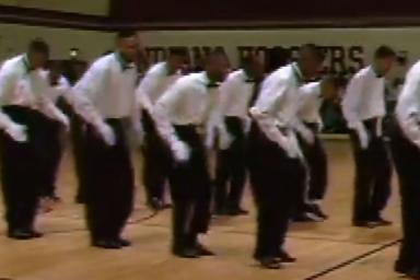 A step team performing in Assembly Hall
