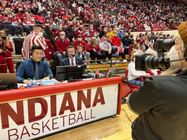 Ta Lao and Derek Decker do an IU men's basketball broadcast