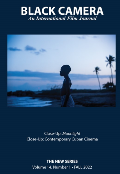 Cover of Black Camera issue. Photo shows the profile of a person against sunset backdrop. Text: Black Camera. An international film journal. Close-Up: Moonlight. Close-up: Contemporary Cuban Cinema. The New Series. Volume 14, Number 1. Fall 2022.