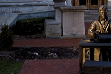 Picture of main entrance to Franklin Hall with focus of Ernie Pyle statue