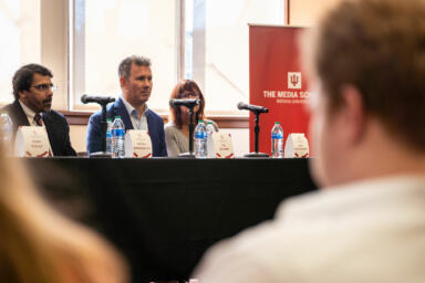(Left to right) Steve Berkowitz of USA Today, T.J. Quinn of ESPN, and Jill Riepenhoff of Gray Television/InvestigateTV speak during the Investigative Journalism in Sports panel during the Arnolt Center for Investigative Journalism Symposium.