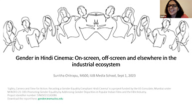 The title screen of Chitrapu's lecture, reading "Gender in Hindi Cinema: On-screen, off-screen, and elsewhere in the industrial ecosystem."