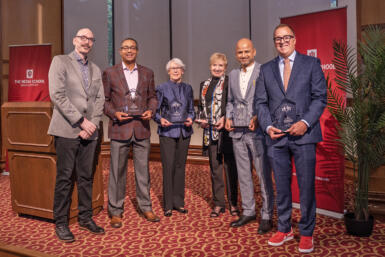 Douglas Freeland, BA’80; Nancy Callaway Fyffe, BA’72; Pegie Stark, BFA’75, MA’81, PhD’85; Rafat Ali, MA’01; and Jay Kincaid, BA’82, accept their awards from Media School Dean David Tolchinsky.
