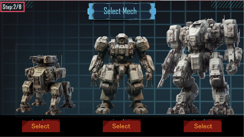 Three mech robots are pictured, with the command "Select Mechs" above. Each mech has a select button below it.