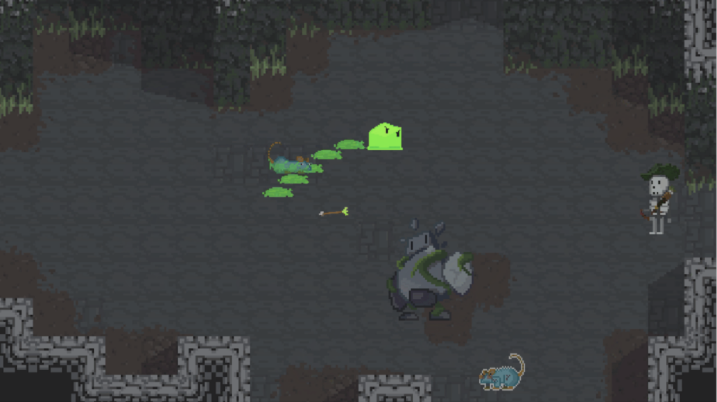 A slime avatar leaves behind a trail of slime that a rat is stuck in. There is also a skeleton, a rock golem, and another rat enemy on the screen. 