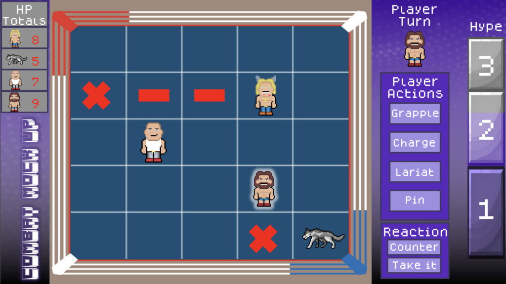 A sample interface from BeatTown shows a wrestling arena with three characters and a wolf inside. 
