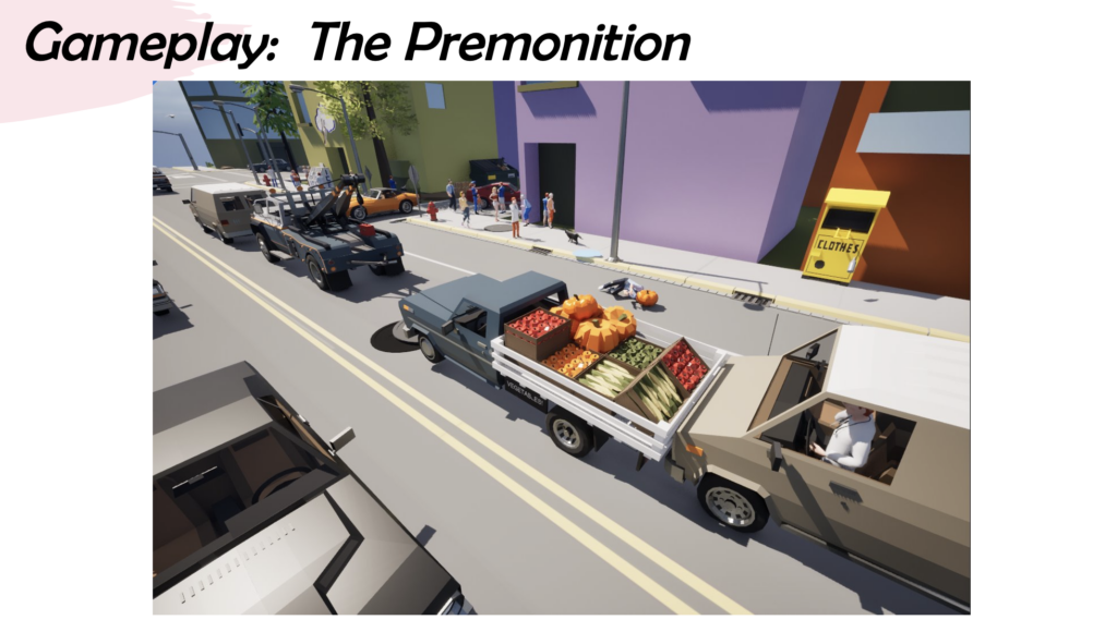 A screen capture from the game shows a line of cars waiting in traffic, with a truck carrying fruits and vegetables. A person lays beside the truck with a pumpkin from the truck on their head.