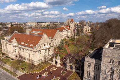 Aerial shot of Franklin Hall and Sample Gates in the early spring.