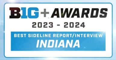 Slide reads "BIG+ Awards: 2023-2024 | Best Sideline Report/Interview: Indiana