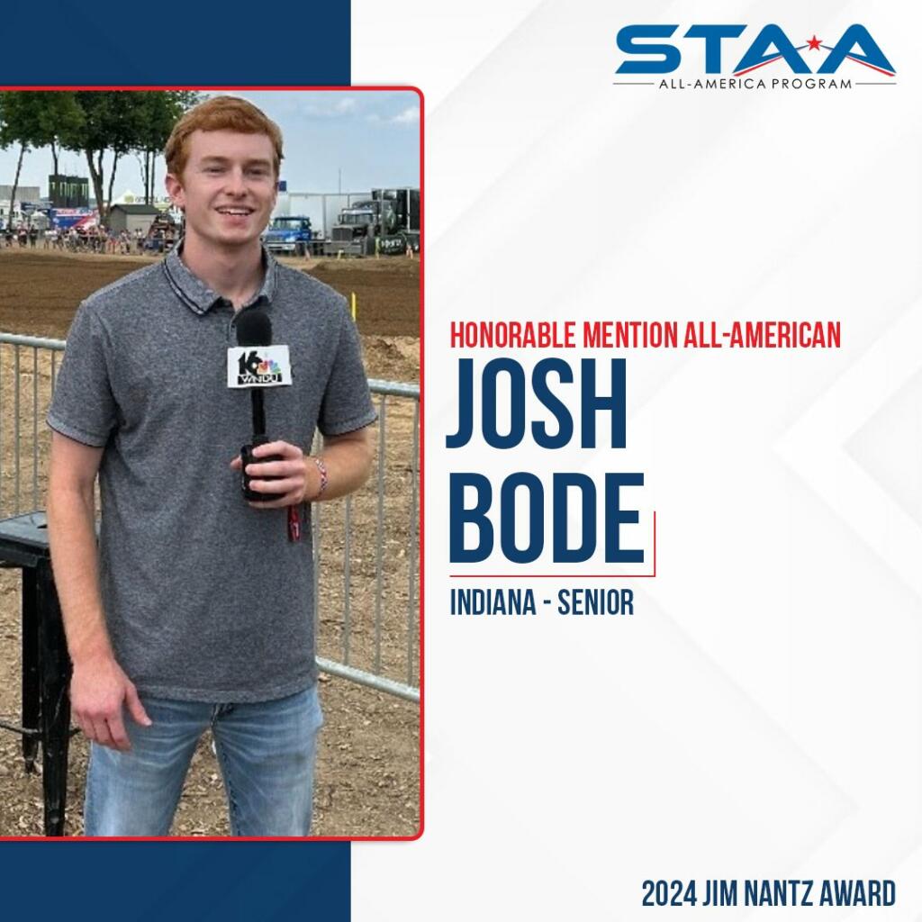 Person stands holding a microphone with "Josh Bode" written beside their picture.