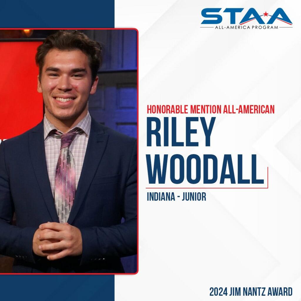Picture of a person standing in a studio with "Riley Woodall" written to the right.