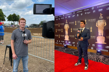 Two people stand holding microphones speaking into a camera. The person on the left is at a track and the person on the right is on a red carpet.