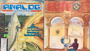 Two magazines. One says: "Analog Computing. No. 27. February 1984. $3.00. The #1 magazine for Atari Computer Owners. An Atari Adventure! Tom Hudson's Adventure at Vandenberg A.F.B." The other says "BYTE: The small systems journal."