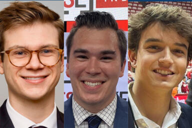 Headshots of Graham Nash, Luke Brennaman, and Riley Woodall.
