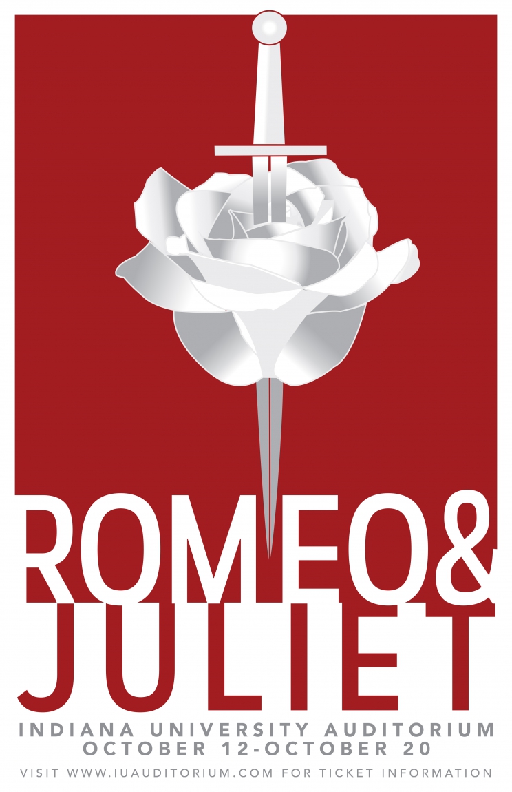 A red and white flyer promoting "Romeo & Juliet" at IU Auditorium.