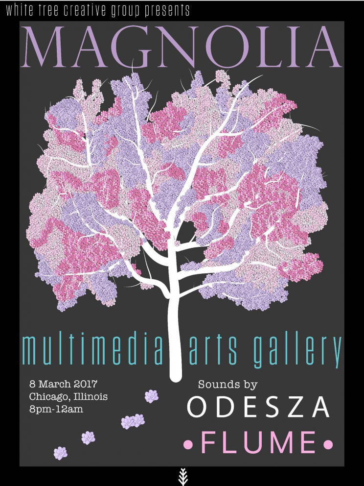 A flyer for the Magnolia Multimedia Arts Gallery with a purple and pink tree on it.