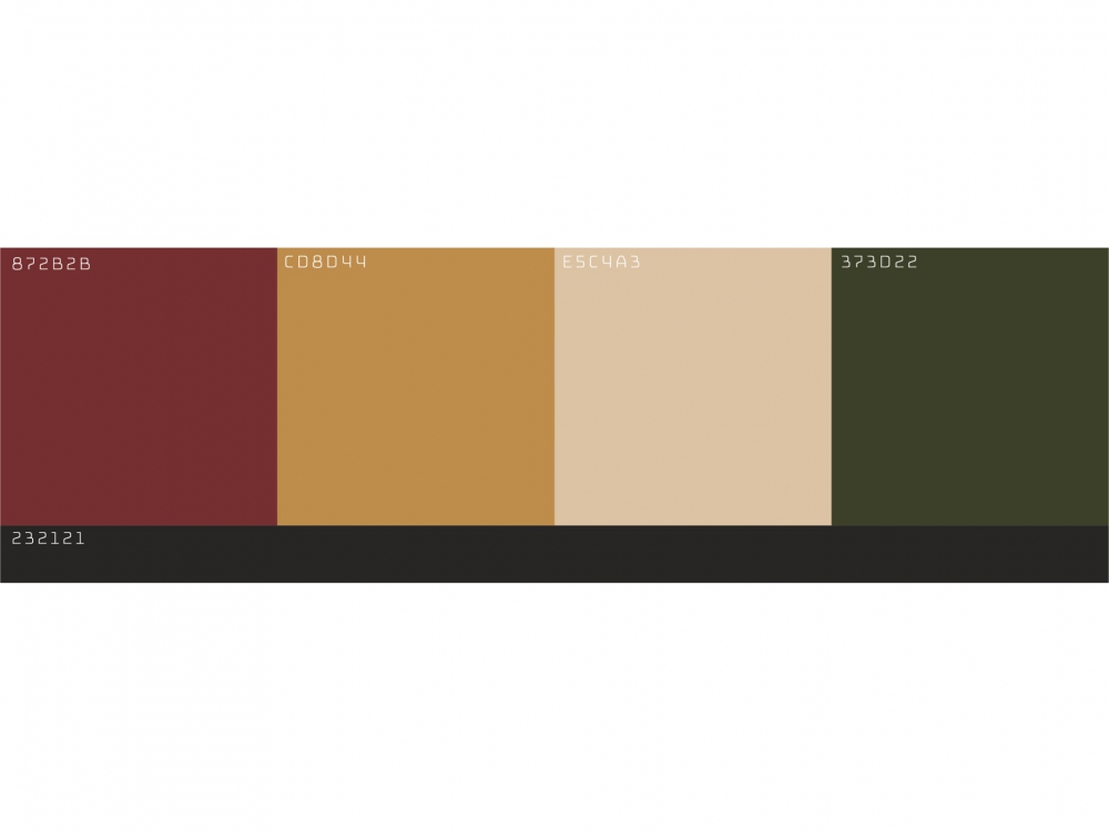 From left to right, four blocks of color — red, brown, beige, and green.
