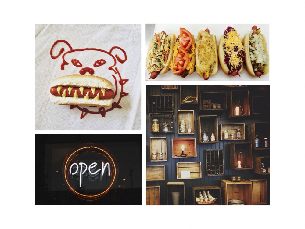 A series of four images show a dog drawn using ketchup as the face and a hot dog as its mouth, a neon sign that reads 